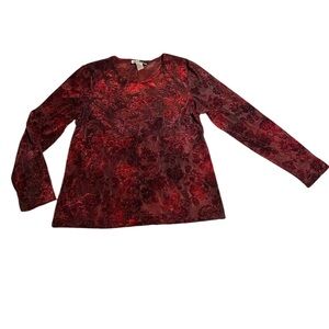 VTG Michele Michele Red Velvet Lace Floral Long-Sleeve Blouse